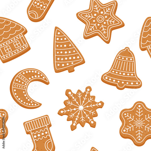 Gingerbread for Christmas fabrics and decor. Seamless pattern for winter, new year and christmas theme. Set of decorative holiday symbols. Seasonal vector illustration.