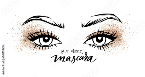 Beautiful eyes with long black lashes and Golden Glitter eyeshadow.