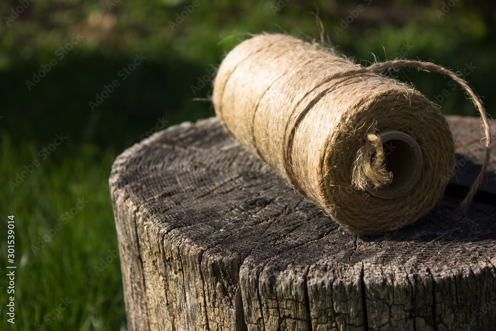Coil of rope on green background. Reel of rope . Hank of twine linen string on stump tree, green background. Roll