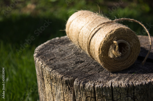 Coil of rope on green background. Reel of rope . Hank of twine linen string on stump tree, green background. Roll