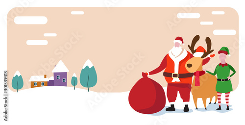 cute elf santa and deer standing together merry christmas happy new year holiday celebration concept snowy houses on winter background greeting card horizontal vector illustration
