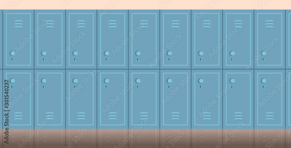 empty school corridor interior with row of lockers horizontal flat vector illustration
