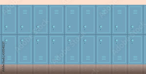 empty school corridor interior with row of lockers horizontal flat vector illustration