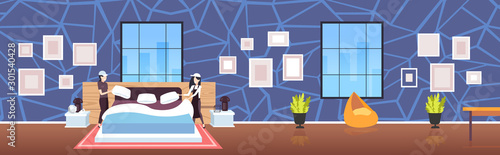maids setting up pillows making the bed female janitors in uniform cleaning service concept modern hotel bedroom interior full length sketch horizontal banner vector illustration