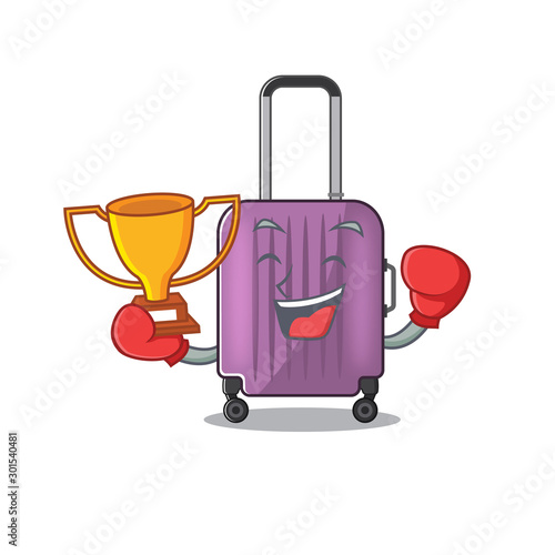 Illustration of cute travel suitcase cartoon character boxing winner