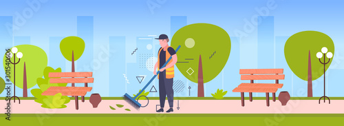 man cleaner sweeping street from leaves with broom male janitor in uniform cleaning service concept summer park cityscape background full length sketch horizontal vector illustration