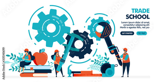 Vector illustration of people learning to repair machines. Trade school or vocational. University or college institution. Vocational education. Design for landing page, web, banner, template, poster