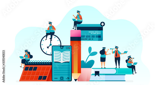 Vector illustration of people learn to use e-books with mobile apps. read books with smartphone for online courses, webinar and tutorials. online teaching and tutoring. For landing page, web, poster