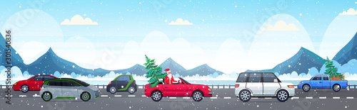 santa claus driving car with fir tree merry christmas happy new year holiday celebration concept winter landscape background horizontal vector illustration