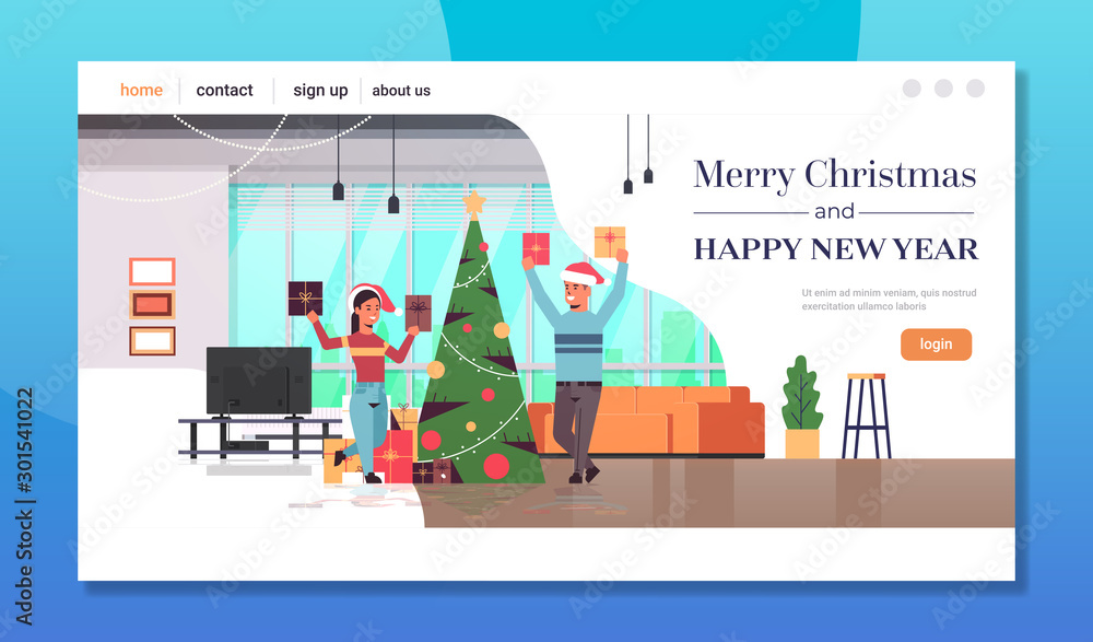 couple holding gift present boxes merry christmas happy new year holiday celebration concept man woman wearing santa hats modern living room interior full length copy space horizontal vector