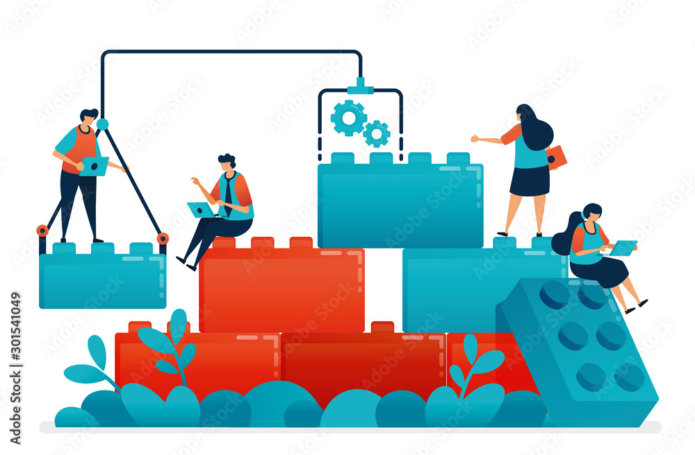 Compose blocks games to teamwork and collaboration in work and business problem solving. Construction model for children leadership and partnership. Illustration of website, banner, software, poster