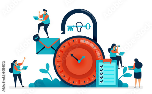 Time management at work, multitasking in managing time, security scheduling and business planning, stopwatch padlock lock, clock lock security. Vector illustration of website banner, software, poster