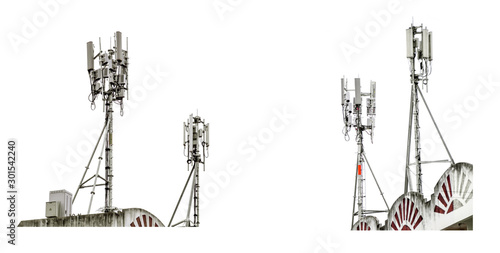 Left and right view of communication tower with antennas on the top of building on white background.