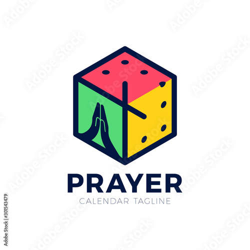 Holy cross, pray hand and clock icons in hexagon shape vector logo for church or religion organization