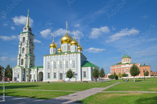 Tula, Russia - September 12, 2019: Tula Kremlin. Summer view of the Assumption Cathedral and the Museum of weapons in the building of the former Epiphany Cathedral