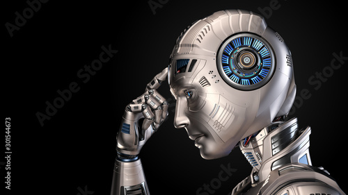 Robot touching his forehead or very detailed humanoid cyborg invites people to use their brain more efficiently. Side view isolated on black background. 3d render