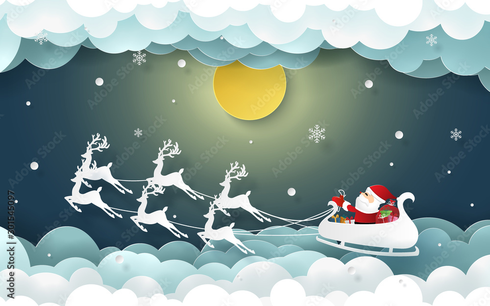 Paper art, Craft style of Santa Claus and reindeer on the sky with full moon and snowing, Going to the village to give children a gift, Merry Christmas and Happy New Year