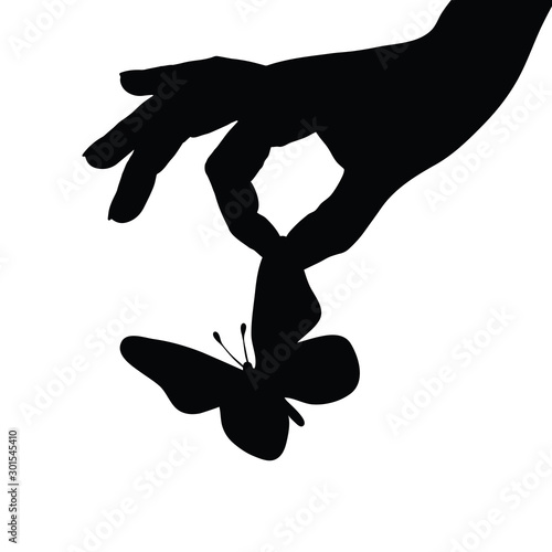 Vector silhouette of the person who abuses the butterfly on white background. Symbol of animal, insect, fly, evil, hurt, torment, bother.