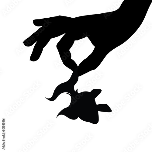 Vector silhouette of the person who abuses the fish on white background. Symbol of animal, evil, hurt, torment, bother, death, kill.