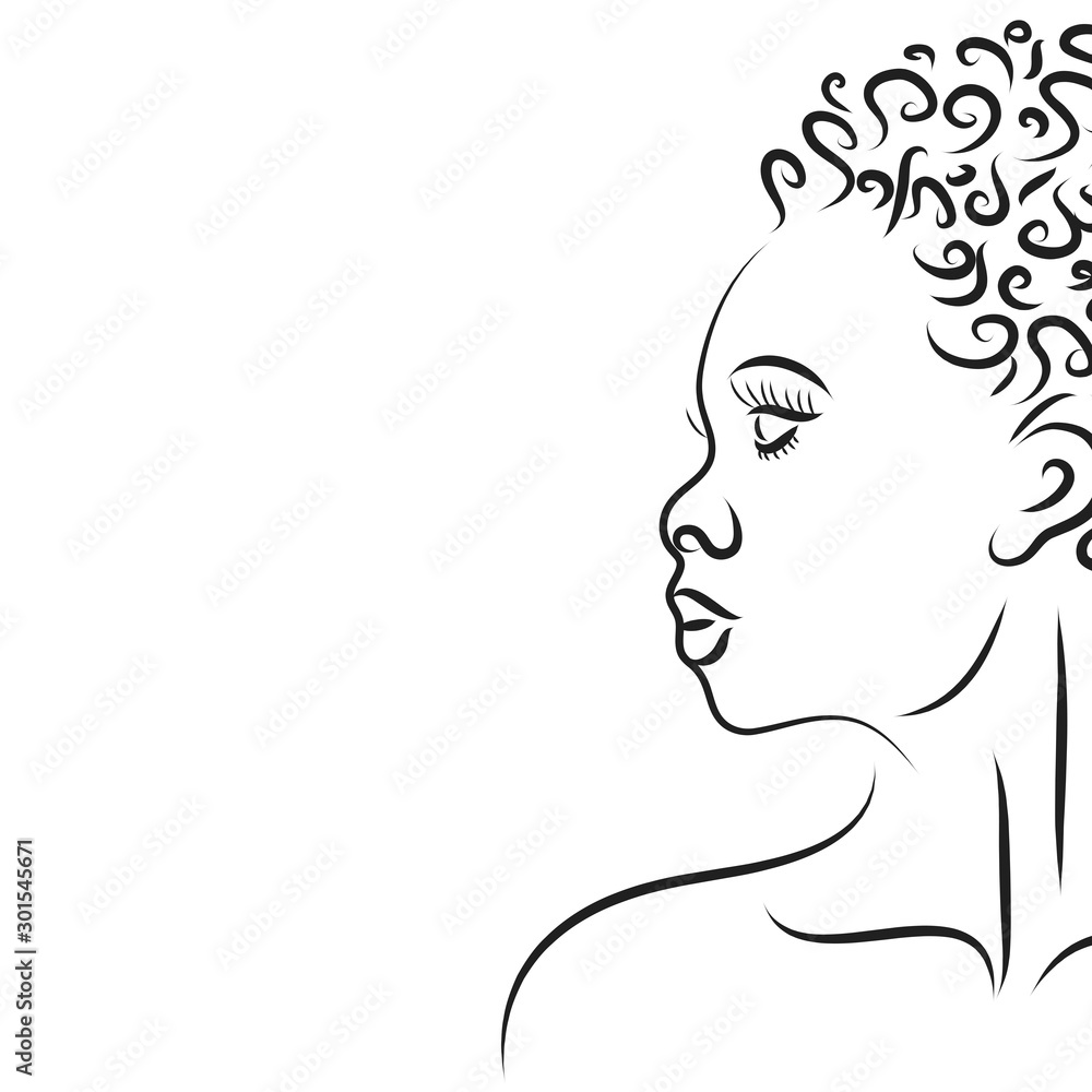 Vector silhouette of woman´s face on white background. Symbol of girl, pretty, nice, fashion, hair, people, person.