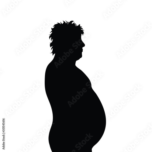 Vector silhouette of obese man on white background. Symbol of boy, fat, unhealthy, people, person, obesity, overweight.