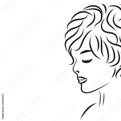 Vector silhouette of woman  s face on white background. Symbol of girl  pretty  nice  fashion  hair  people  person.