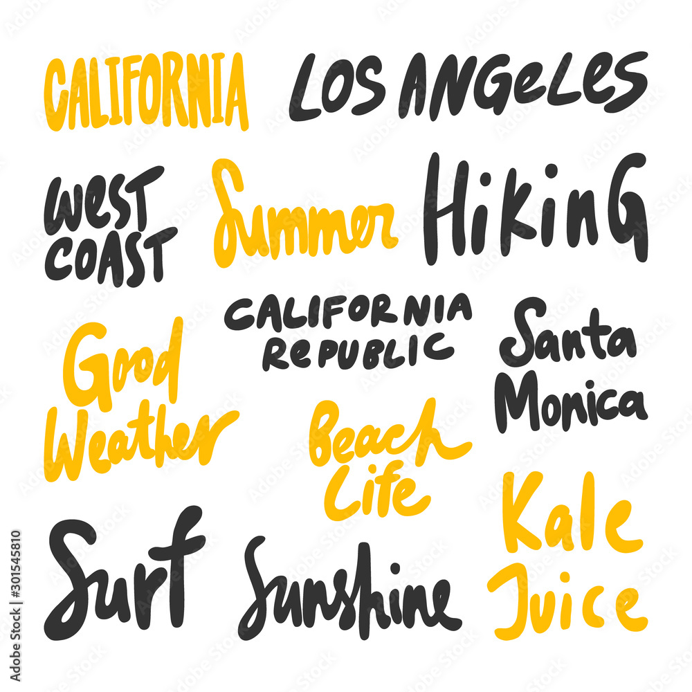 California, Los Angeles, West, coast, Summer, Hiking, Surf, Sunshine, kale,  juice, Santa, Monica. Vector hand drawn illustration collection set with  cartoon lettering. Stock Vector | Adobe Stock