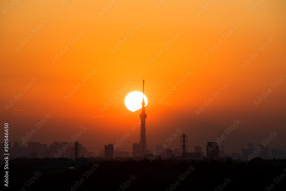 Fototapeta premium Sun setting behind Tokyo Skytree and Mount Fuji in autumn, from Chiba Prefecture, Japan