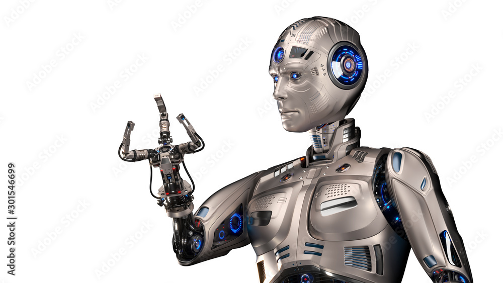 Naklejka premium Detailed futuristic robot or humanoid cyborg looking at his new robotic claw or special industrial arm designed for advanced works and unusual jobs. Isolated on white background. 3d render