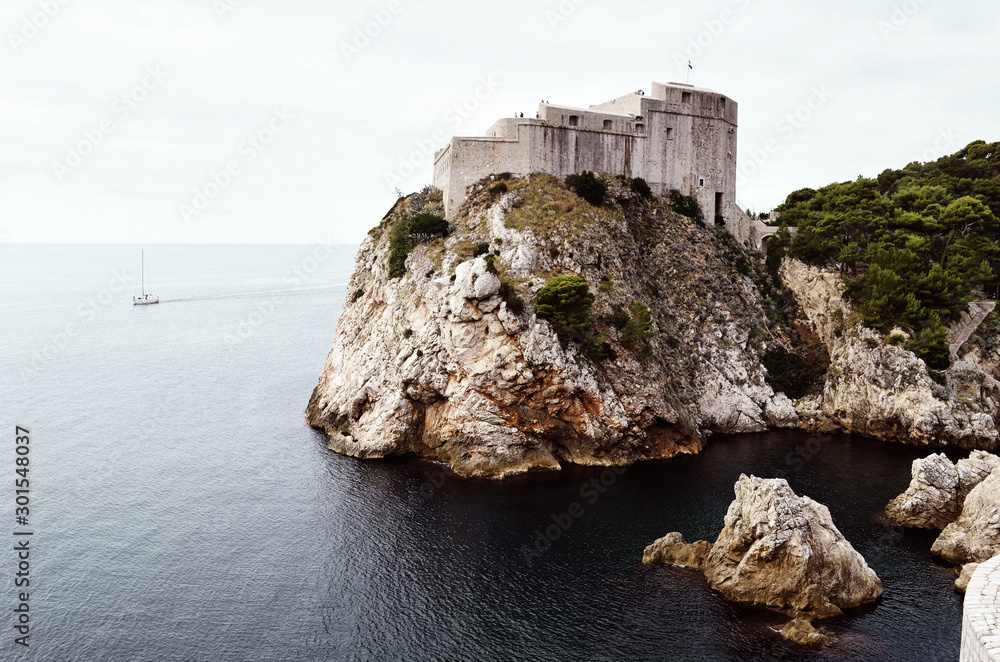 Panoramic view of Fort Lovrijenac in Dubrovnik (Croatia) Old Town on a almost sunset sunny day (with Vintage Effect)
