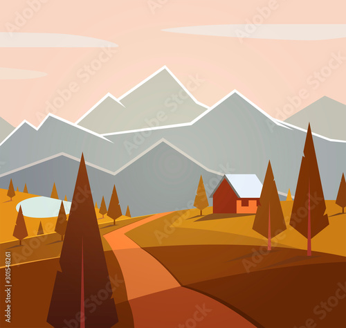 Autumn mountain landscape during sunset or dawn with road leading to a  small house  trees and lake in the background. Illustration for travel agency or camping poster. Warm color tones. 