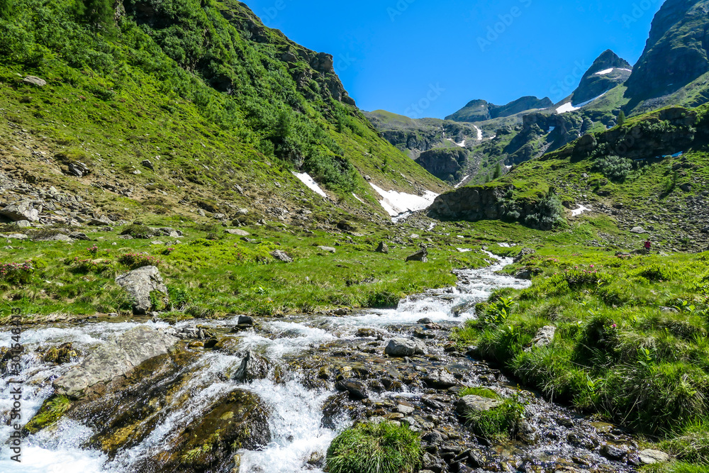 A serene view on snowy mountain from a small stream's side. The stream starts it's long way to the sea. Tall glacier towering above the landscape. Spring in the alpine valley. A serene view on snowy mountain from a small stream's side. The stream starts it's long way to the sea. Tall glacier towering above the landscape. Spring in the alpine valley.