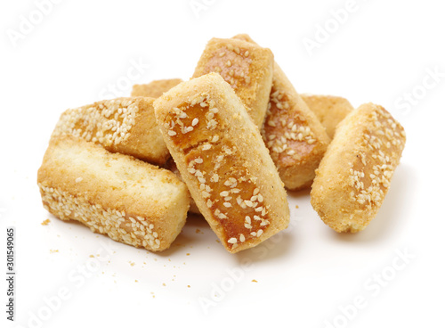 Classic shortbread finger biscuits on white background