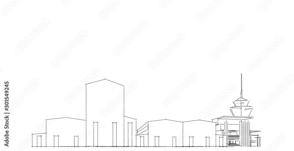 Factory buildings sketch drawings in perspective view, work office and factory building. Hand drawn cartoon 3d illustration.