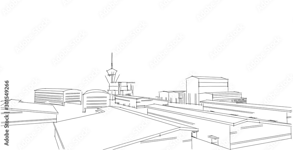 Obraz premium Factory buildings sketch drawings in perspective view, work office and factory building. Hand drawn cartoon 3d illustration.