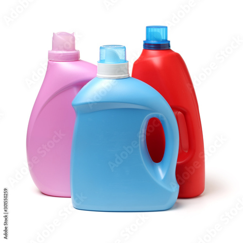 Plastic detergent container on white background photo