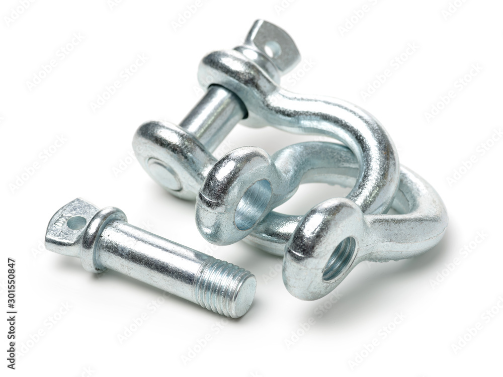 Heavy duty shackle (d-ring) for vehicle recovery and towing on white background Heavy duty shackle (d-ring) for vehicle recovery and towing on white background