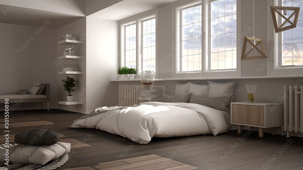 Fototapeta premium Hygge nordic scandinavian bedroom with big panoramic windows, double bed with duvet and pillows, parquet, carpet, sofa bench, shelves with decors, bedside tables, interior design idea