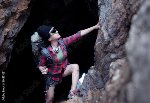 Fototapeta Naklejka Na Ścianę i Meble -  adventure activity girl on top mountain