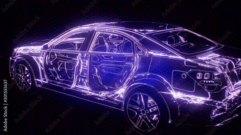 Holographic animation of 3D wireframe car model with engine and otter technical parts Holographic animation of 3D wireframe car model with engine and otter technical parts