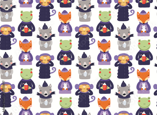 Hand drawn seamless vector pattern with cute animals in warm clothes, enjoying winter activities, on a white background. Scandinavian style flat design. Concept for children textile print, wallpaper.