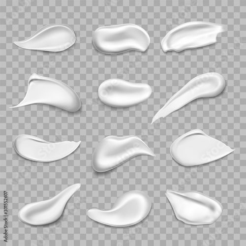Set of isolated cream smears or white stains, realistic face scrub or gel, mousse or paint splash on transparent, stroke and swatch, brush and splatter. Skin care and confectionary, cosmetic and food