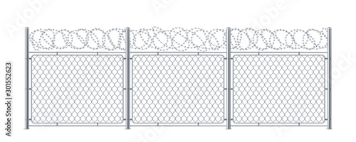 Chain link fence with barbed wire. Metal chainlink construction with barbwire or barb, bobbed or bob wire. Steel protection for border security or prison, military or cage. Background or wall, barrier