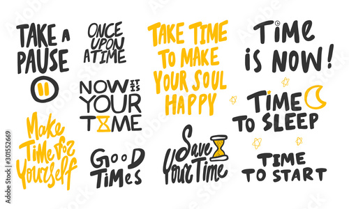 Take, pause, good, time, yourself, self, love, sleep, night, now, start. Vector hand drawn illustration collection set with cartoon lettering. 
