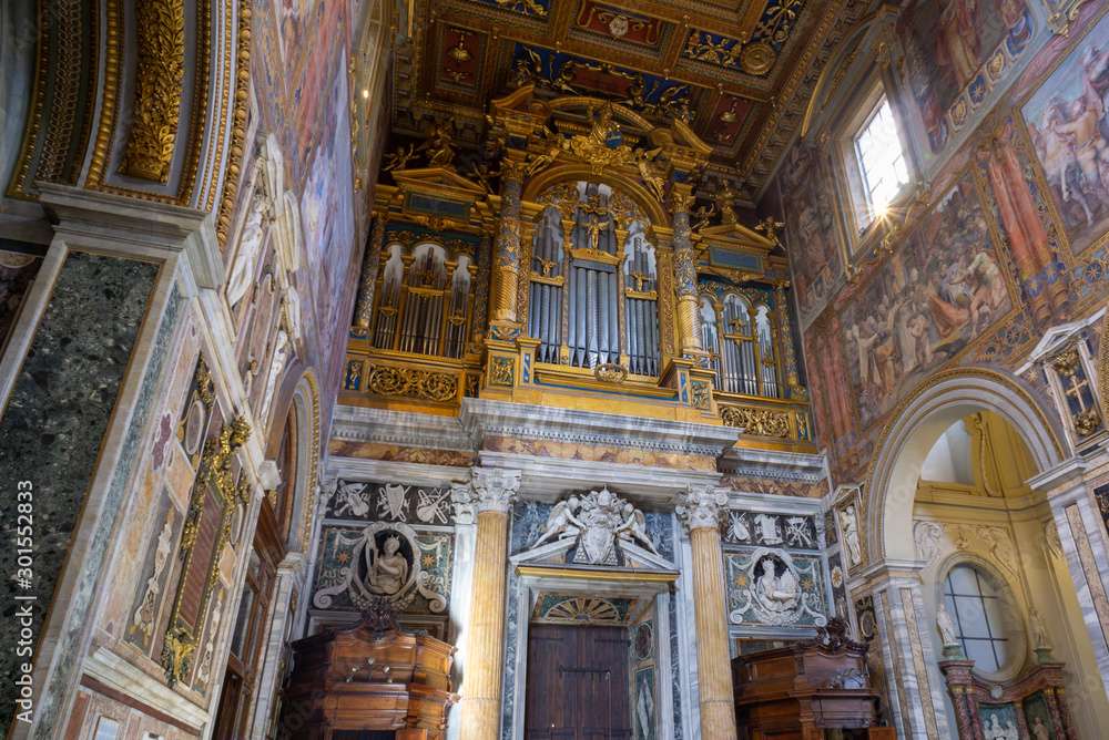 Interior of Archbasilica of St.John Lateran Basilica (Basilica di San Giovanni in Laterano), the monumental Baroque organ by perugian Luca Blasi, Rome, Italy