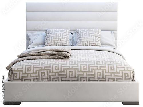 Modern white leather frame double bed with ornate bed linen and plaid. 3d render photo