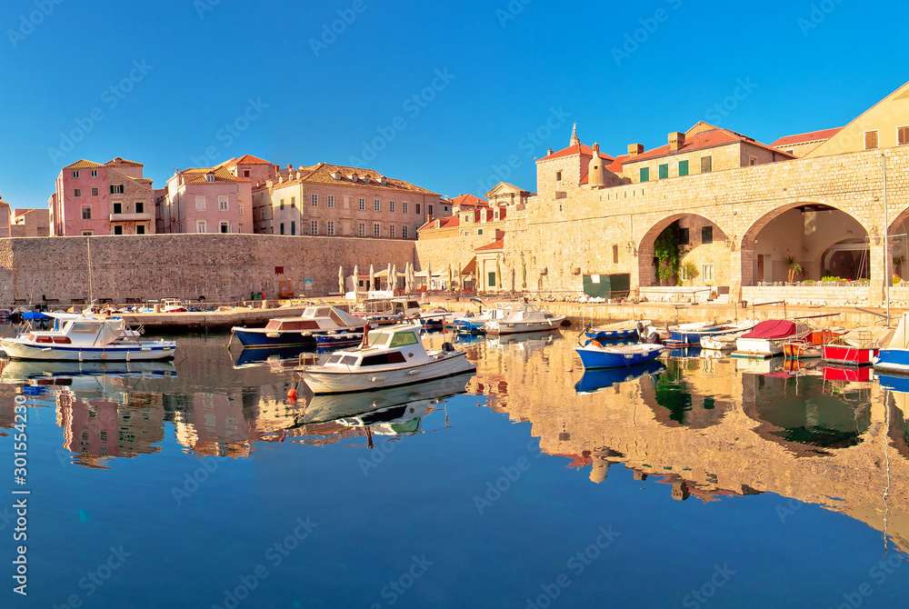 Dubrovnik harbor and city walls morning panoramic view
