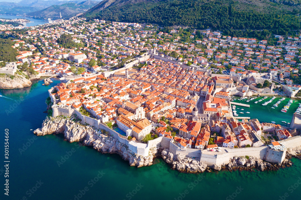 Town of Dubrovnik city walls UNESCO world heritage site aerial view