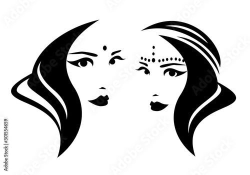 beautiful indian woman with bindi - traditional asian beauty black and white vector portrait