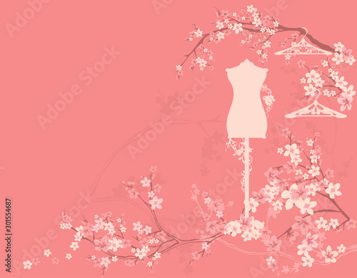 mannequin and empty hangers among blooming sakura branches - spring season clothing atelier vector copy space background
